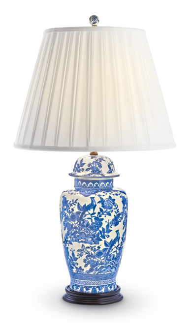 9693: Blue and White Jar Lamp with Pleated Shade (Product Detail)