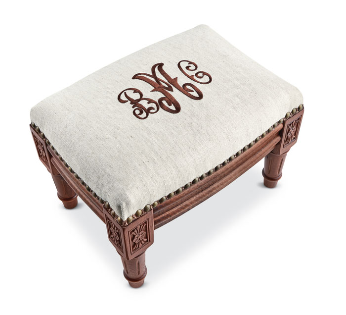 9714: Linen Footstool / Monogrammed - Brown Wood Finish (Product Detail)