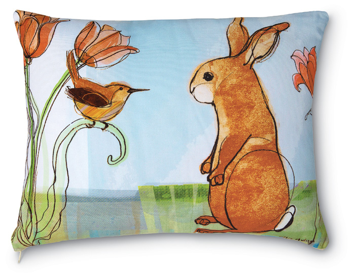 3718: Wren and Standing Bunny with Tulips Pillow (Product Detail)